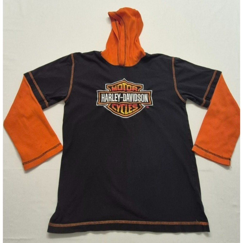 Harley Davidson kid black/orange long sleeves hoodie graphic logo shirt L 16-18